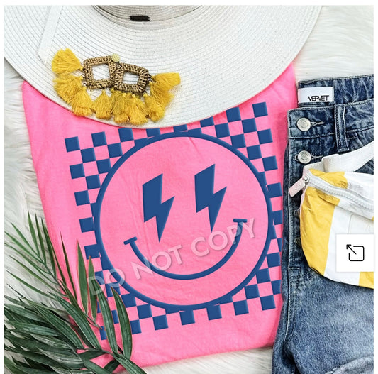 Checkered, happy face- denim puff