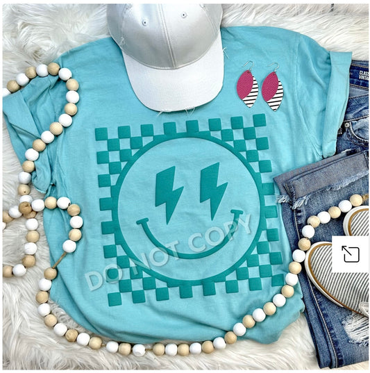 Checkered happy face- teal puff